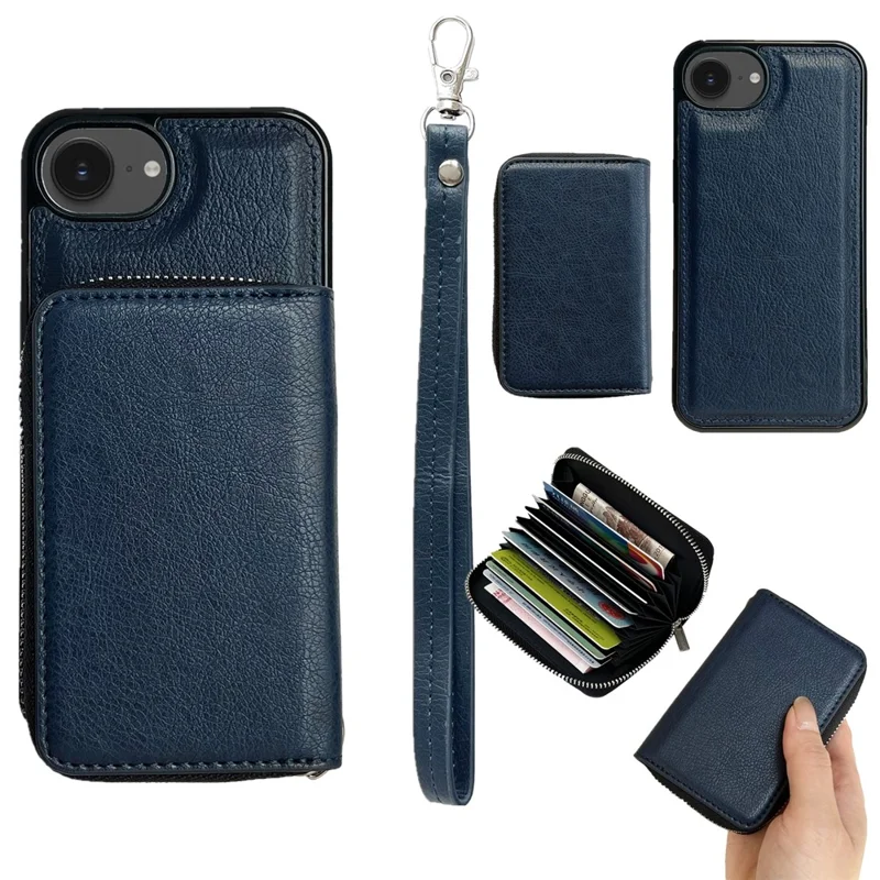 For iPhone 16e Case Detachable Zipper Card Bag PU TPU Kickstand Phone Case with Strap - Sapphire