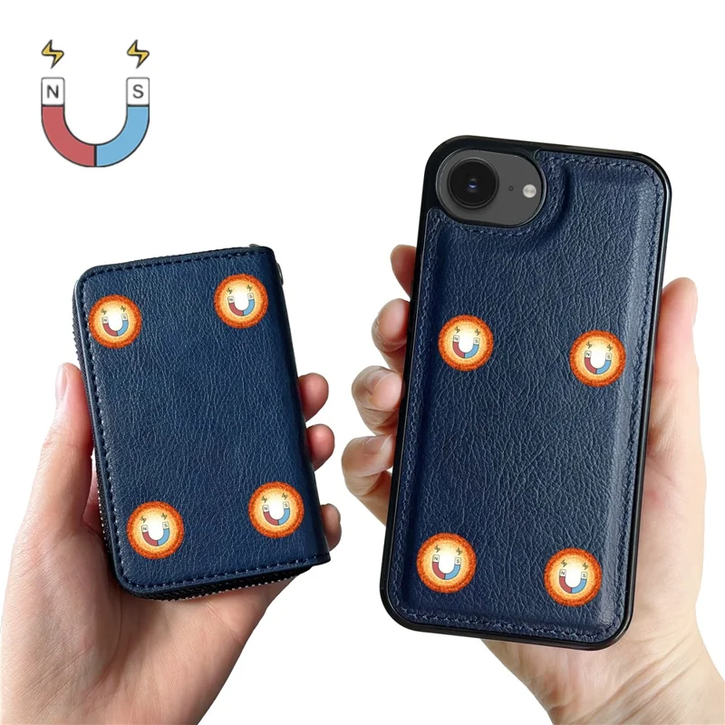 For iPhone 16e Case Detachable Zipper Card Bag PU TPU Kickstand Phone Case with Strap - Sapphire