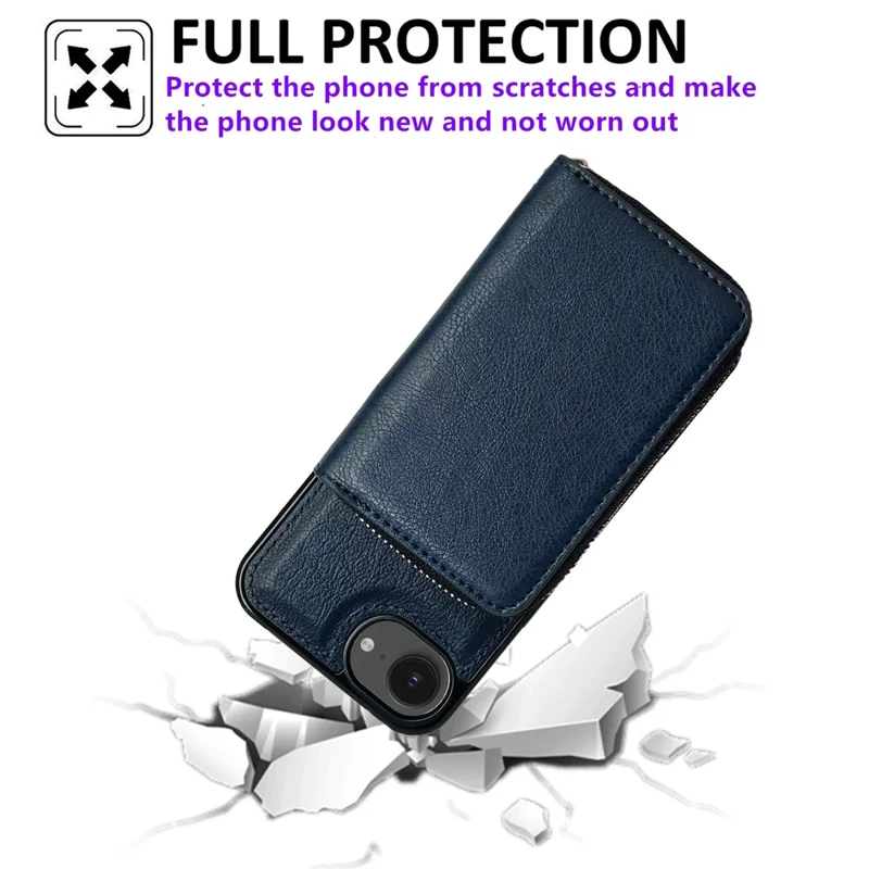 For iPhone 16e Case Detachable Zipper Card Bag PU TPU Kickstand Phone Case with Strap - Sapphire