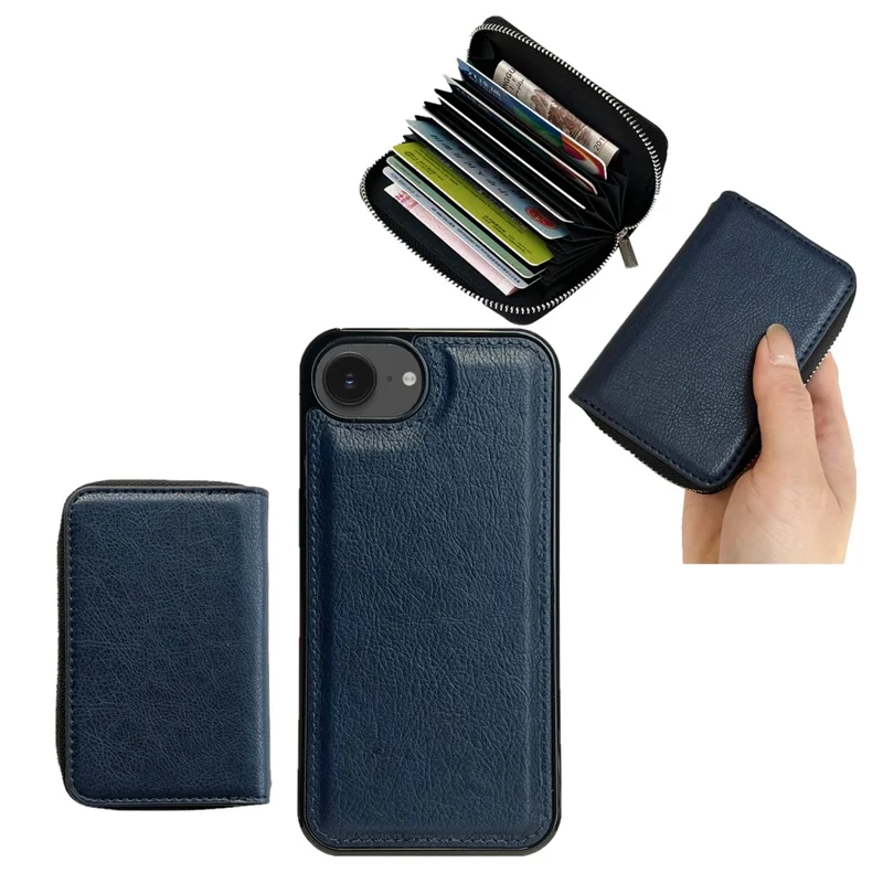 For iPhone 16e Case Detachable Zipper Card Bag PU TPU Kickstand Phone Case with Strap - Sapphire