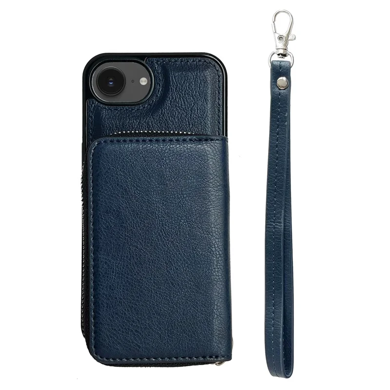For iPhone 16e Case Detachable Zipper Card Bag PU TPU Kickstand Phone Case with Strap - Sapphire