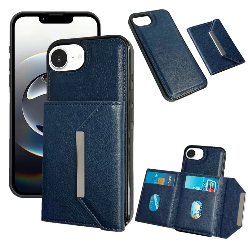 For iPhone 16e Hoesje met Kaartenvak en Standaard TPU + PU Telefoonhoes - Blauw
