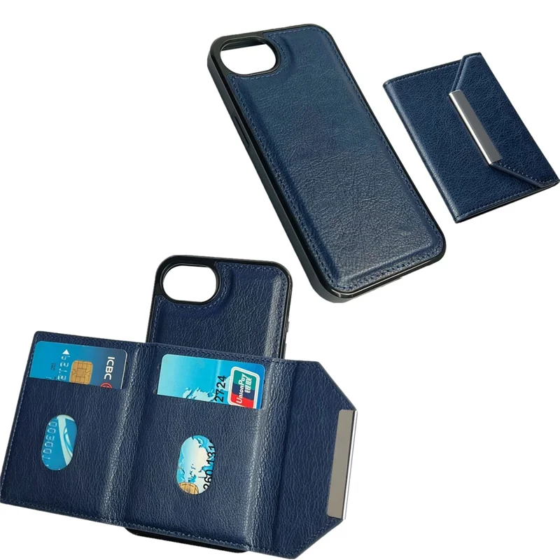 For iPhone 16e Hoesje met Kaartenvak en Standaard TPU + PU Telefoonhoes - Blauw