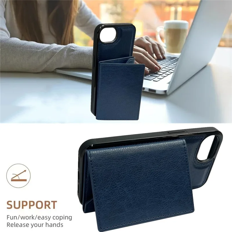 For iPhone 16e Hoesje met Kaartenvak en Standaard TPU + PU Telefoonhoes - Blauw