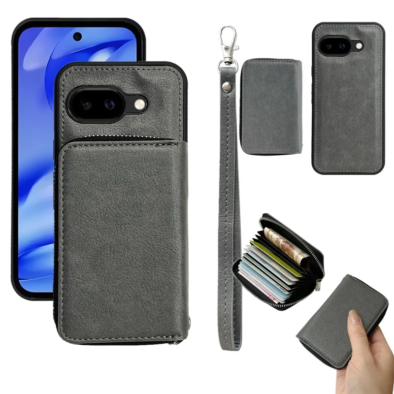 For Google Pixel 9a Case Detachable Zipper Card Bag PU TPU Kickstand Phone Case with Strap - Grey