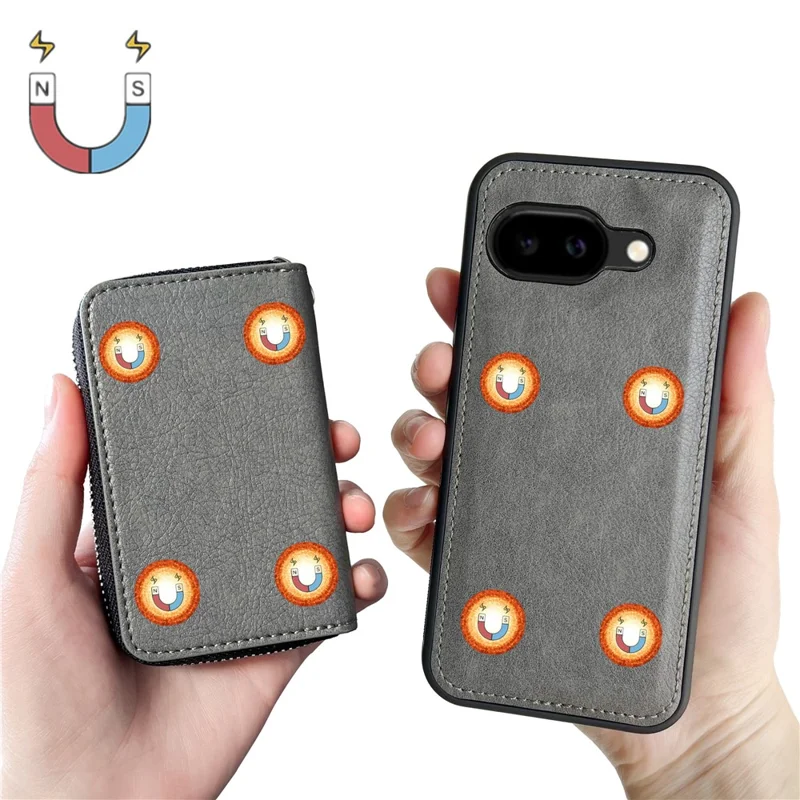 For Google Pixel 9a Case Detachable Zipper Card Bag PU TPU Kickstand Phone Case with Strap - Grey