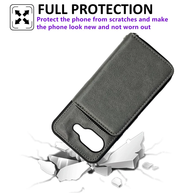 For Google Pixel 9a Case Detachable Zipper Card Bag PU TPU Kickstand Phone Case with Strap - Grey