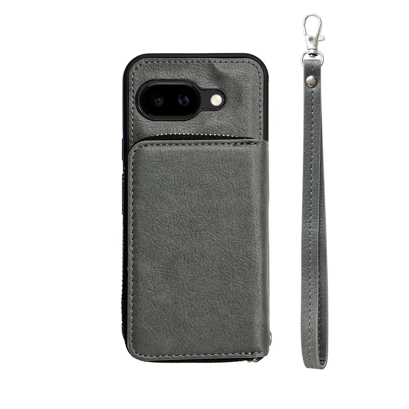 For Google Pixel 9a Case Detachable Zipper Card Bag PU TPU Kickstand Phone Case with Strap - Grey
