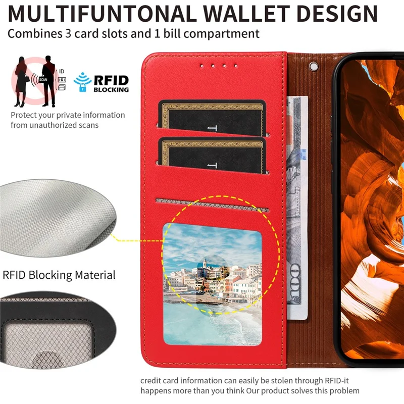 For Xiaomi Poco X7 Pro 5G / Redmi Turbo 4 5G Case RFID Blocking Leather Wallet Flip Phone Cover with Wrist Strap - Red