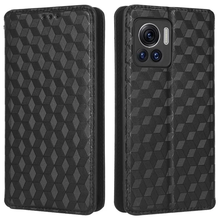 For Motorola Edge 30 Ultra 5G / Edge X / Moto X30 Pro 5G Rhombus Pattern Imprinted Leather Wallet Stand Cover Magnetic Closure Phone Case - Black