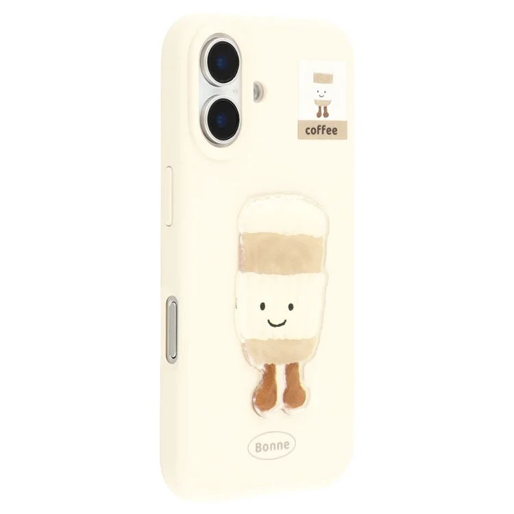 For iPhone 16 Case Pattern Printed 2.0mm TPU Phone Cover with 3D Accessories Decor - White + Coffee