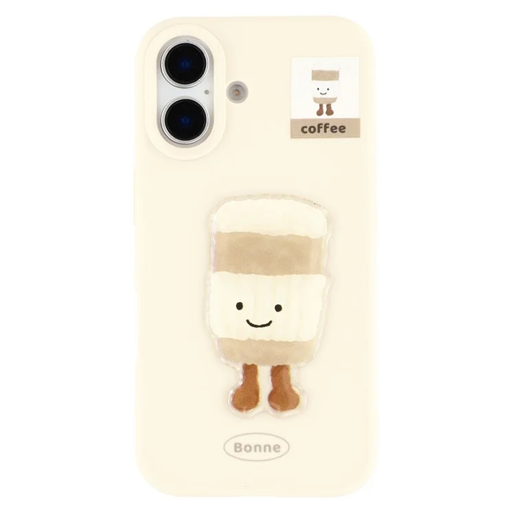 For iPhone 16 Case Pattern Printed 2.0mm TPU Phone Cover with 3D Accessories Decor - White + Coffee