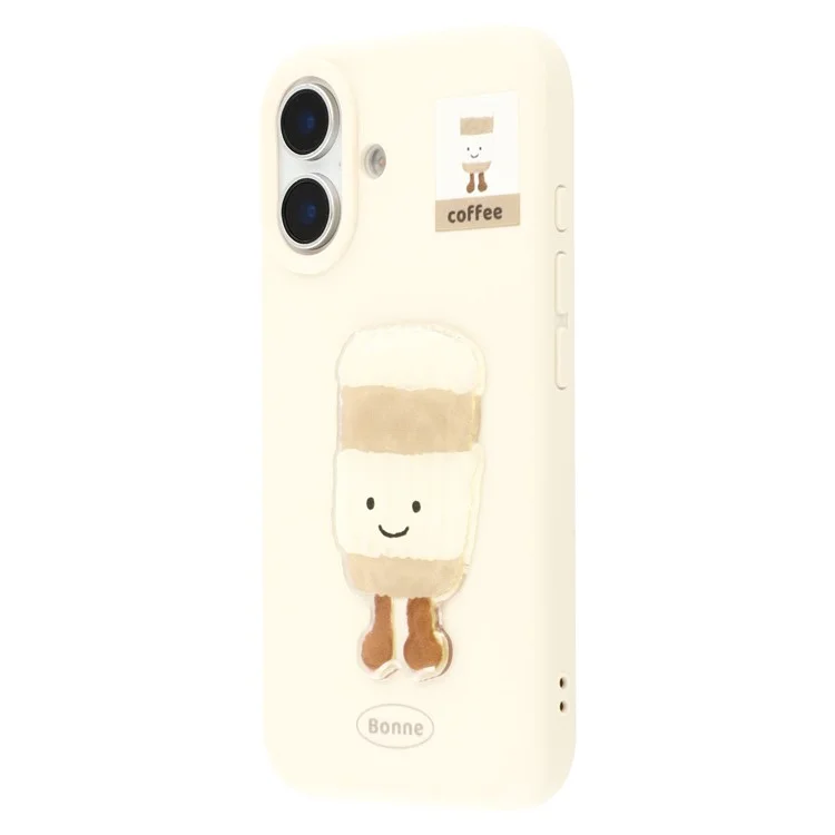 For iPhone 16 Case Pattern Printed 2.0mm TPU Phone Cover with 3D Accessories Decor - White + Coffee