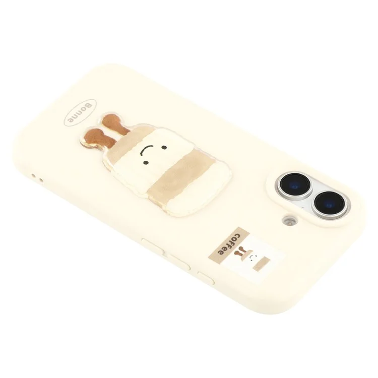 For iPhone 16 Case Pattern Printed 2.0mm TPU Phone Cover with 3D Accessories Decor - White + Coffee