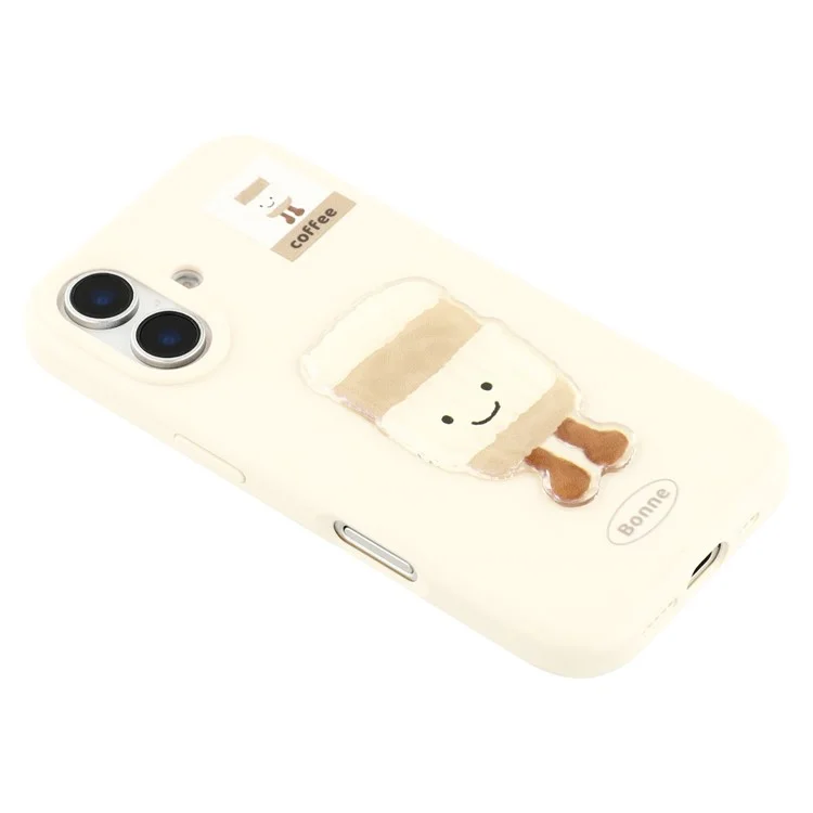 For iPhone 16 Case Pattern Printed 2.0mm TPU Phone Cover with 3D Accessories Decor - White + Coffee