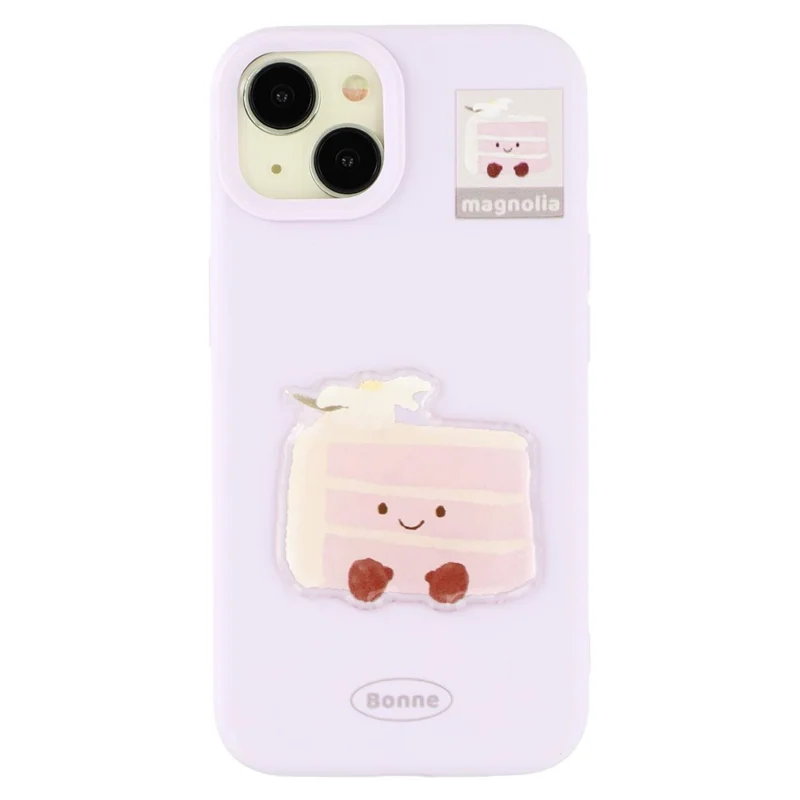 For iPhone 15 Case Pattern Printed 2.0mm TPU Phone Cover with 3D Accessories Decor - Purple + Macaron