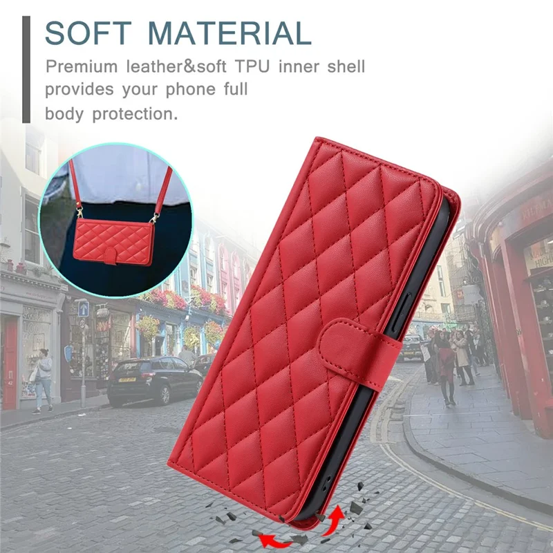 For Samsung Galaxy S25 Edge Wallet Case Rhombus Grid PU Leather Phone Cover - Red