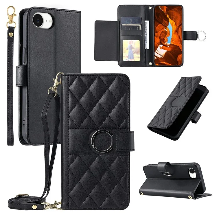 For iPhone 16e Crossbody Leather Case Ring Buckle Wallet Stand Rhombus Mobile Cover - Black