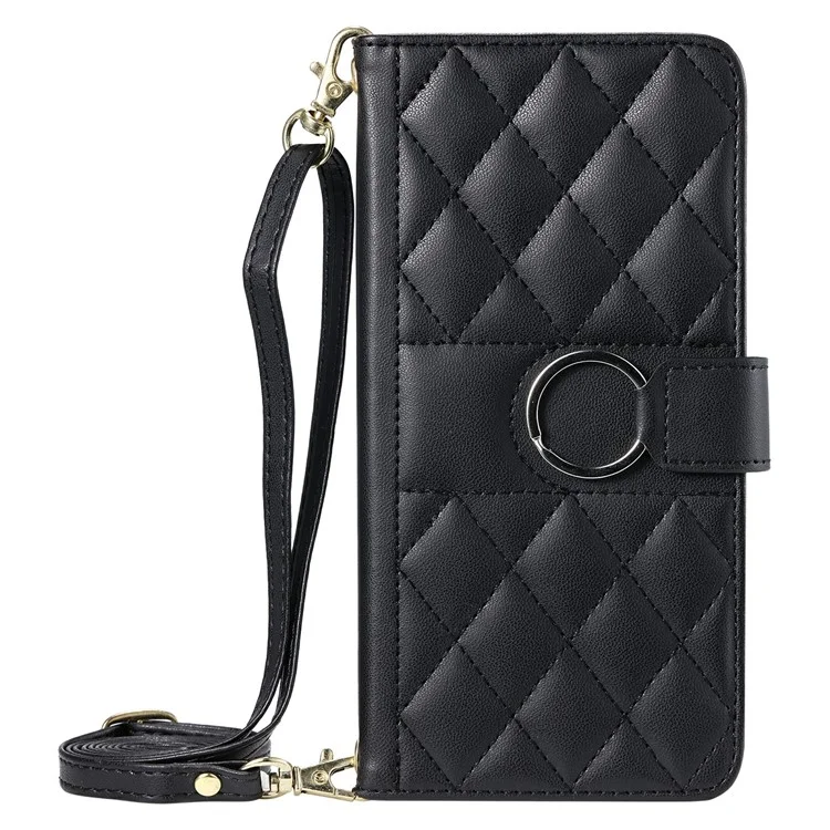 For iPhone 16e Crossbody Leather Case Ring Buckle Wallet Stand Rhombus Mobile Cover - Black