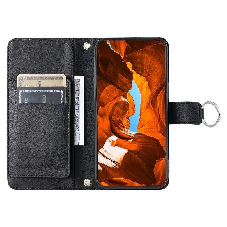 For iPhone 16e Crossbody Leather Case Ring Buckle Wallet Stand Rhombus Mobile Cover - Black