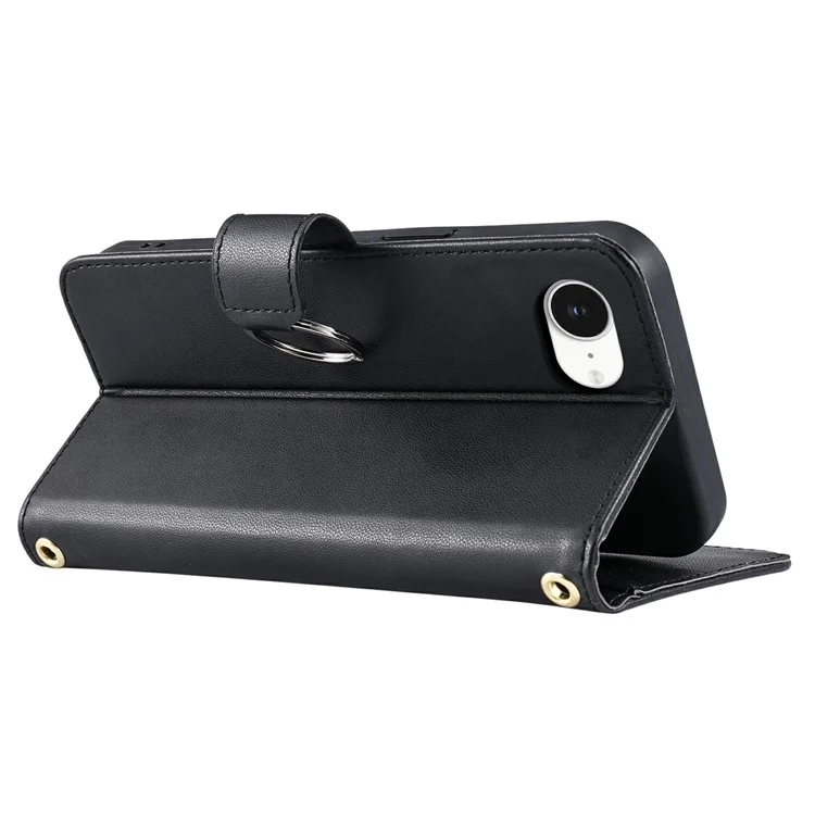 For iPhone 16e Crossbody Leather Case Ring Buckle Wallet Stand Rhombus Mobile Cover - Black