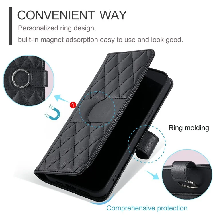 For iPhone 16e Crossbody Leather Case Ring Buckle Wallet Stand Rhombus Mobile Cover - Black