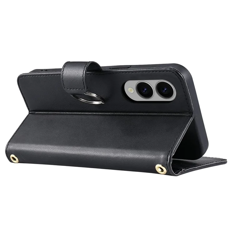 For Samsung Galaxy S25 Edge Crossbody Leather Case Ring Buckle Wallet Stand Rhombus Mobile Cover - Black