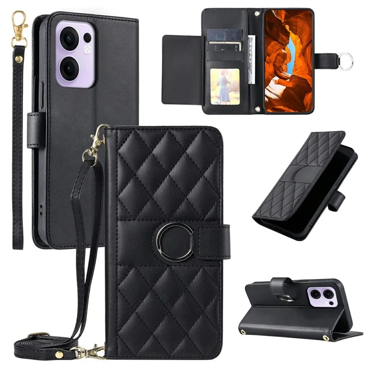 Per Oppo Reno13 F 5G / 4G Custodia in pelle a tracolla Fibbia ad anello Portafoglio Stand Copertura mobile Rombo - Nero