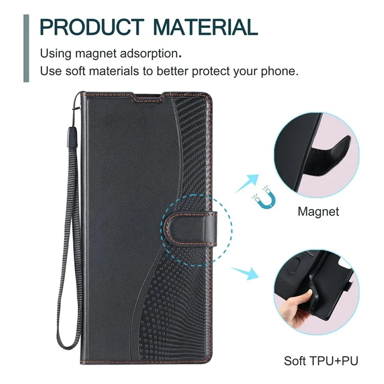 For Samsung Galaxy S25 Edge Case Dots Imprinted PU Leather Flip Phone Cover with Card Slot, Strap - Black