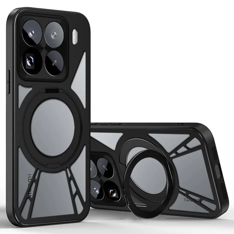For Xiaomi 15 Case Magnetic Kickstand Hollow Heat Dissipation Silicone + PC + Metal Bumper Phone Cover - Black