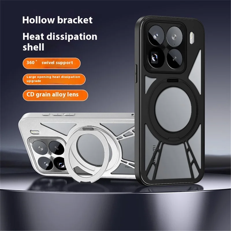 For Xiaomi 15 Case Magnetic Kickstand Hollow Heat Dissipation Silicone + PC + Metal Bumper Phone Cover - Black