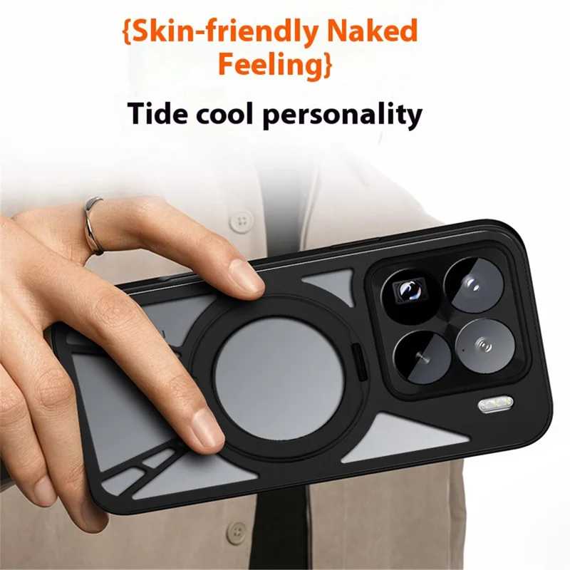 For Xiaomi 15 Case Magnetic Kickstand Hollow Heat Dissipation Silicone + PC + Metal Bumper Phone Cover - Black