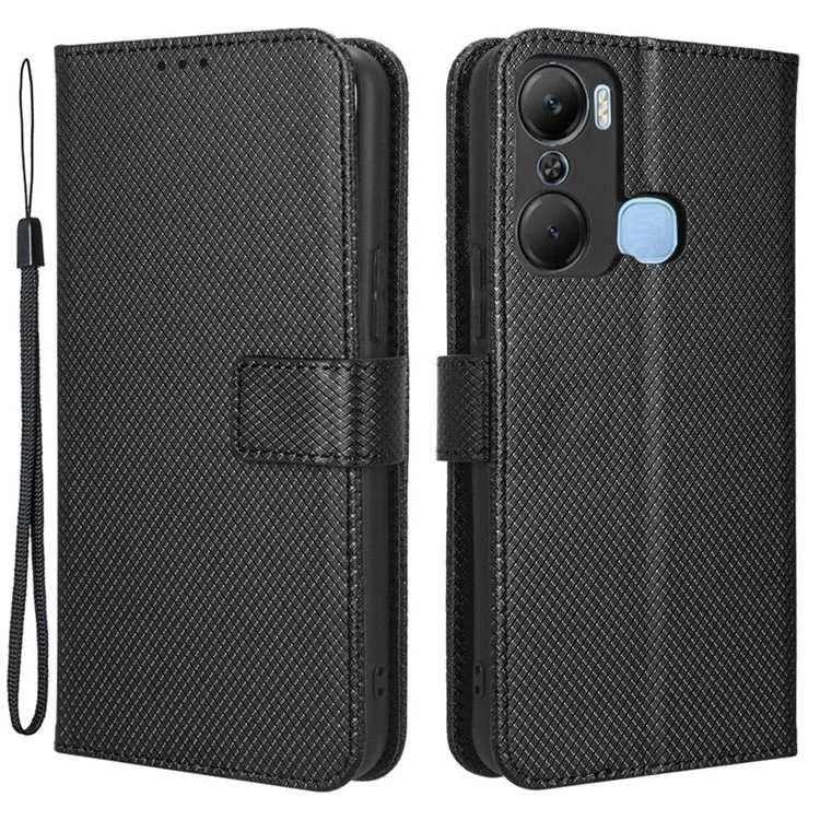 Pour Infinix Hot 12 Pro 4G X668C PU Leather Flip Folio Case de Texture de Diamant Soft TPU TPU Inner Shell Téléphone Couvercle Avec Sangle - le Noir