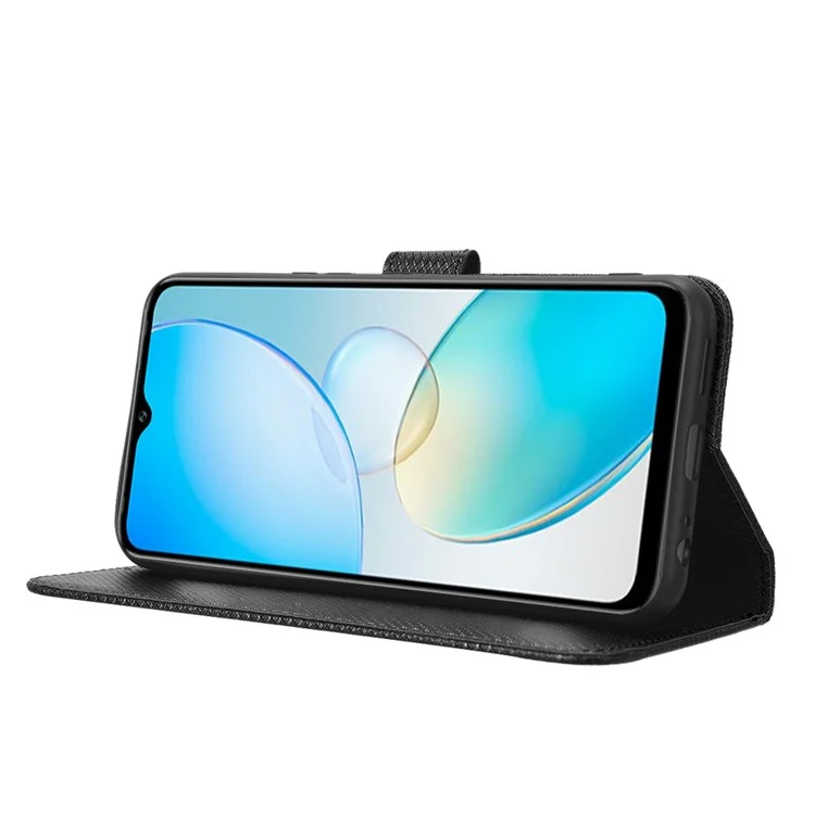 Pour Infinix Hot 12 Pro 4G X668C PU Leather Flip Folio Case de Texture de Diamant Soft TPU TPU Inner Shell Téléphone Couvercle Avec Sangle - le Noir