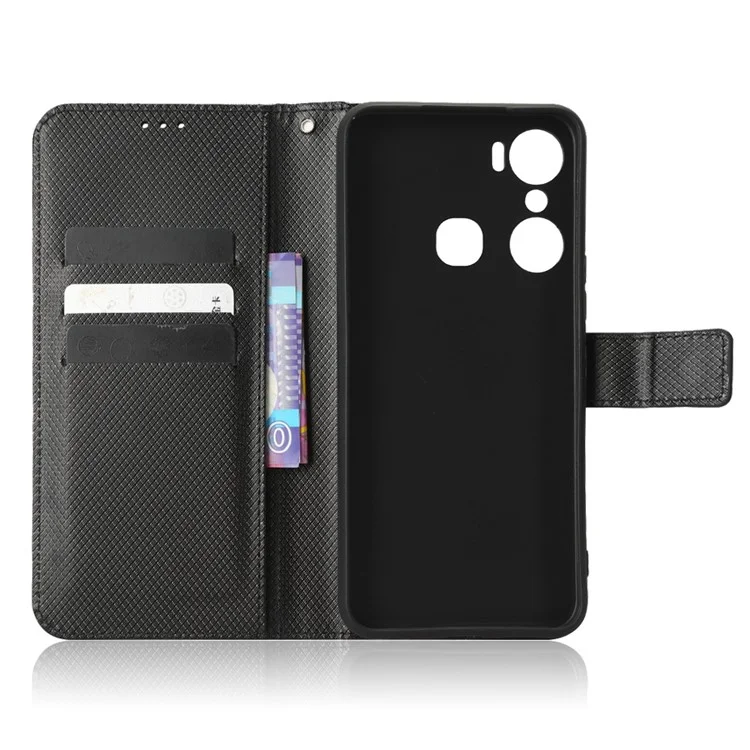 Pour Infinix Hot 12 Pro 4G X668C PU Leather Flip Folio Case de Texture de Diamant Soft TPU TPU Inner Shell Téléphone Couvercle Avec Sangle - le Noir
