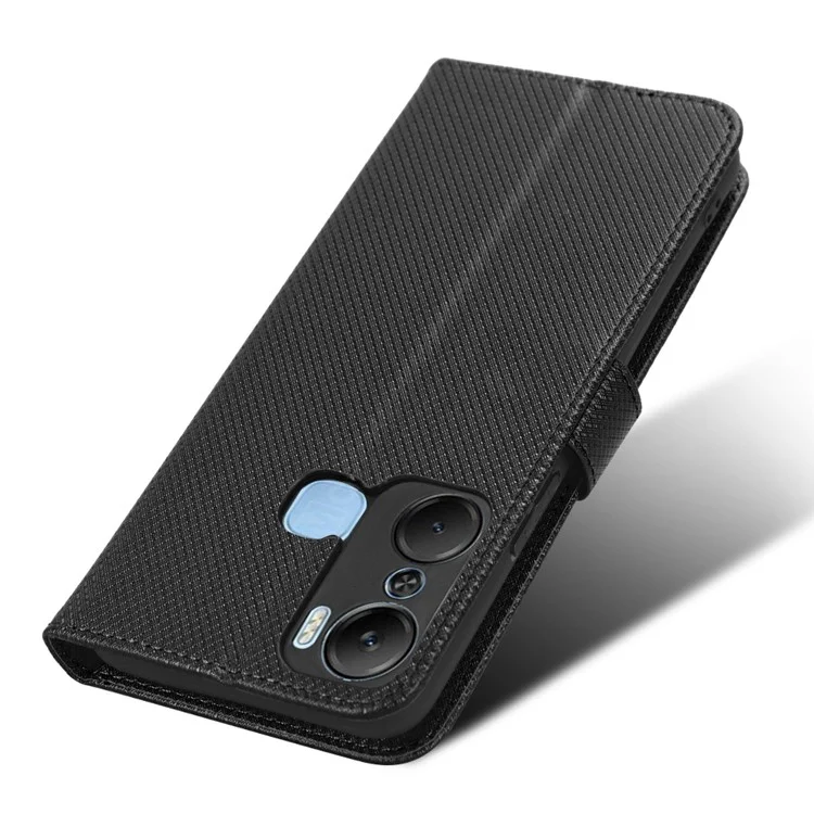 Pour Infinix Hot 12 Pro 4G X668C PU Leather Flip Folio Case de Texture de Diamant Soft TPU TPU Inner Shell Téléphone Couvercle Avec Sangle - le Noir