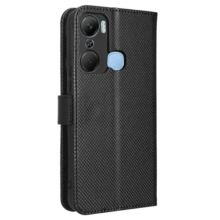 Pour Infinix Hot 12 Pro 4G X668C PU Leather Flip Folio Case de Texture de Diamant Soft TPU TPU Inner Shell Téléphone Couvercle Avec Sangle - le Noir