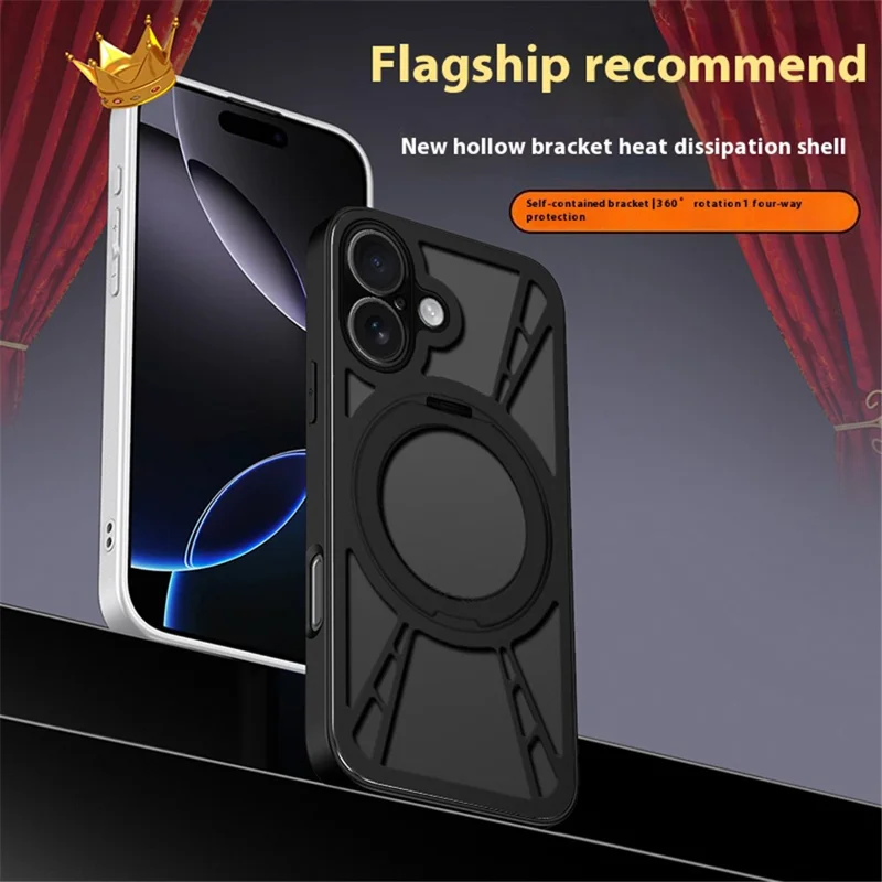 Coque pour iPhone 16 avec Support Magnétique et Évent de Dissipation Thermique - Silicone + PC + Pare-chocs Métallique - Noir