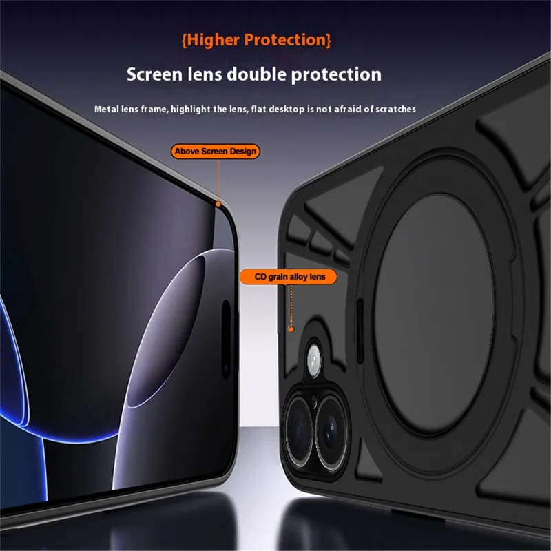 Coque pour iPhone 16 avec Support Magnétique et Évent de Dissipation Thermique - Silicone + PC + Pare-chocs Métallique - Noir