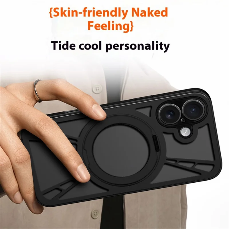 Coque pour iPhone 16 avec Support Magnétique et Évent de Dissipation Thermique - Silicone + PC + Pare-chocs Métallique - Noir