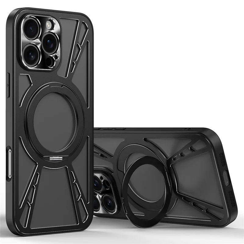 Für iPhone 16 Pro Hülle Magnetischer Ständer Hohlraum Wärmeableitung Silikon + PC + Metall Bumper Handyhülle - Schwarz