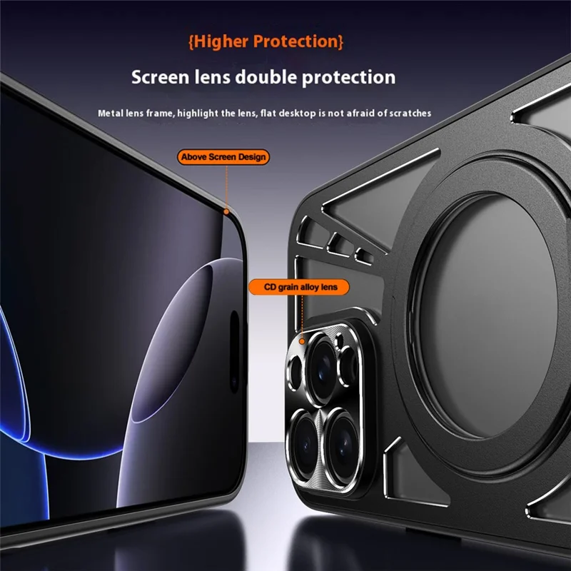 Für iPhone 16 Pro Max Hülle Magnetischer Ständer Hohle Wärmeableitung Silikon + PC + Metall Bumper Handyhülle - Schwarz