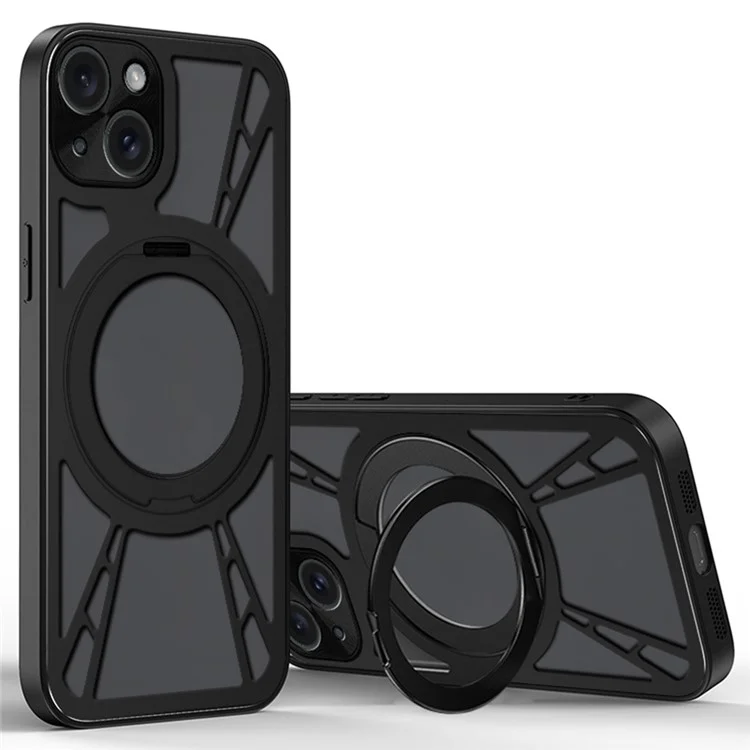 Чехол для iPhone 15 с магнитной подставкой, полый, с теплоотводом, из силикона + ПК + металлического бампера - Черный