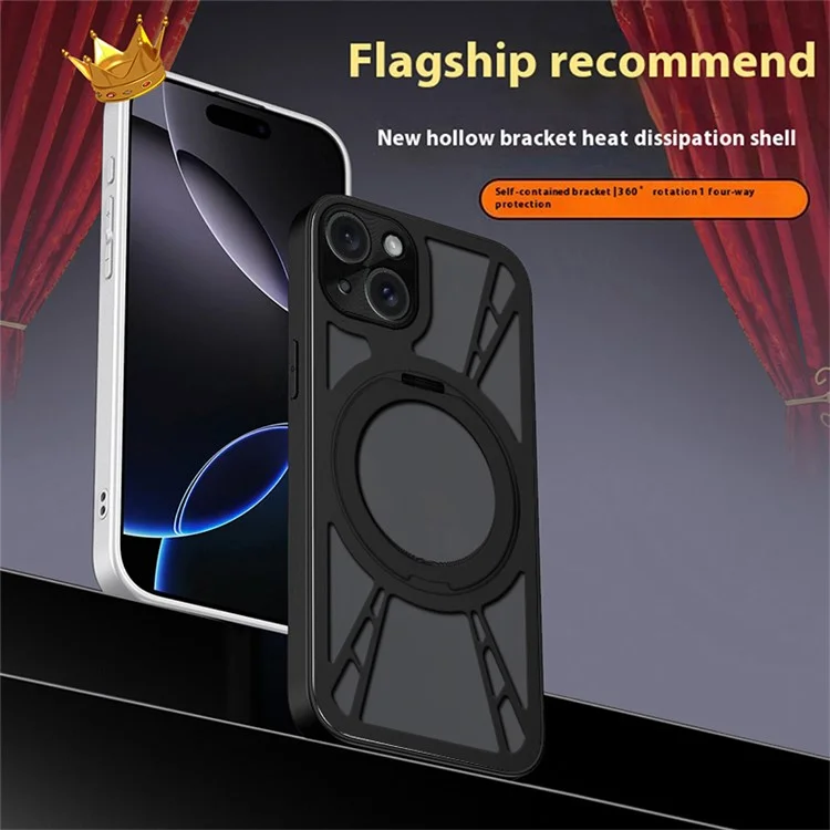 Чехол для iPhone 15 с магнитной подставкой, полый, с теплоотводом, из силикона + ПК + металлического бампера - Черный