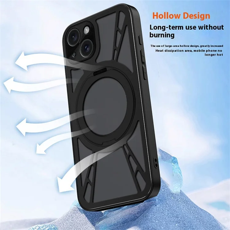 Чехол для iPhone 15 с магнитной подставкой, полый, с теплоотводом, из силикона + ПК + металлического бампера - Черный