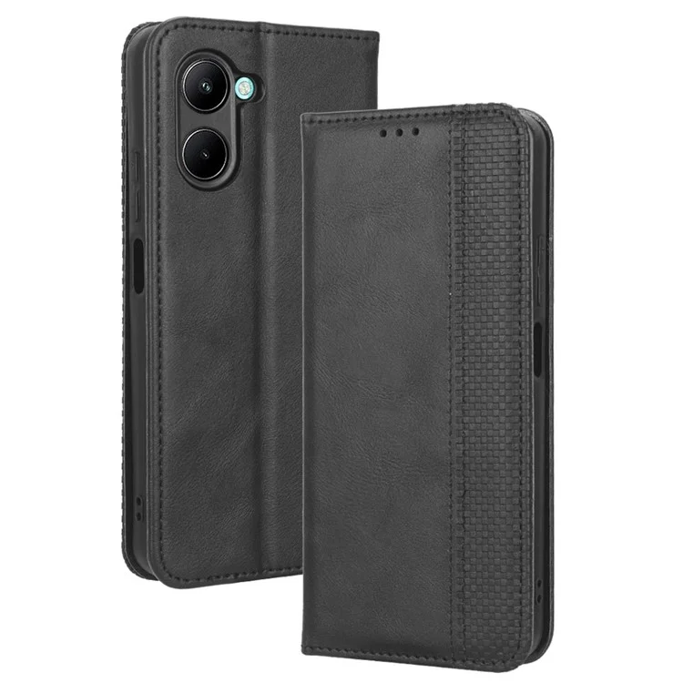 For Realme C33 4G Retro Texture PU Leather Flip Wallet Cover Stand Magnetic Auto Closing Imprinted Pattern Phone Case - Black