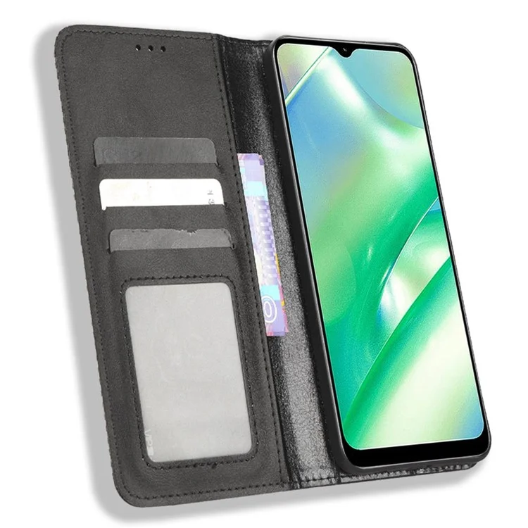 For Realme C33 4G Retro Texture PU Leather Flip Wallet Cover Stand Magnetic Auto Closing Imprinted Pattern Phone Case - Black