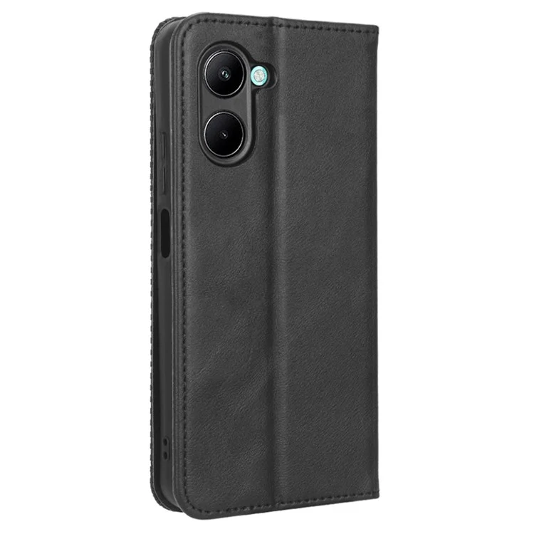 For Realme C33 4G Retro Texture PU Leather Flip Wallet Cover Stand Magnetic Auto Closing Imprinted Pattern Phone Case - Black