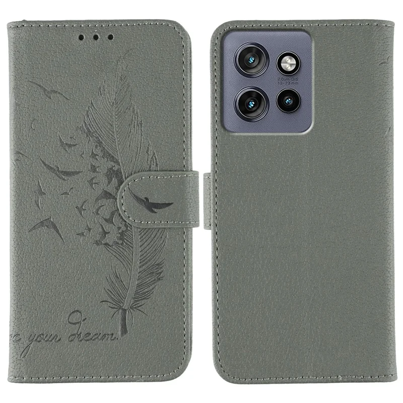 Phone Case For Motorola Edge 50 Neo 5G / Moto S50 5G / ThinkPhone 25 5G Feather Imprint PU Leather Wallet Cover - Grey