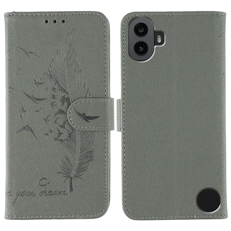 For Nothing CMF Phone 1 Case Feather Imprint PU Leather Wallet Phone Cover - Grey